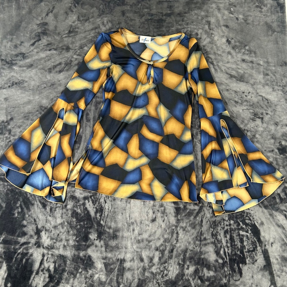 Beware Bell Sleeve Top Womens Small Blue Gold Geometric Mosaic Keyhole Blouse